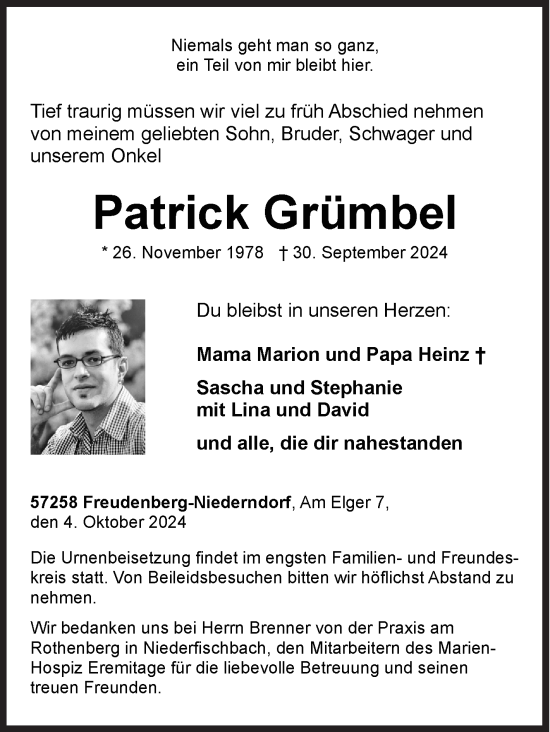 Traueranzeige von Patrick Grümbel von Siegener Zeitung