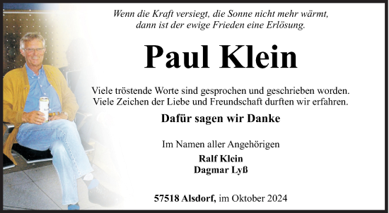 Traueranzeige von Paul Klein von Siegener Zeitung