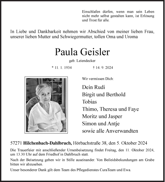Traueranzeige von Paula Geisler von Siegener Zeitung
