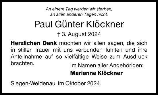 Traueranzeige von Paul Günter Klöckner von Siegener Zeitung