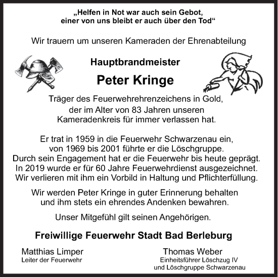 Traueranzeige von Peter Kringe von Siegener Zeitung