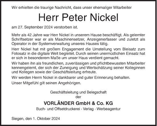 Traueranzeige von Peter Nickel von Siegener Zeitung
