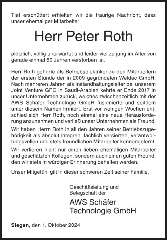 Traueranzeige von Peter Roth von Siegener Zeitung
