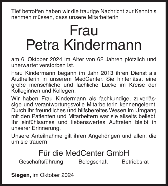 Traueranzeige von Petra Kindermann von Siegener Zeitung