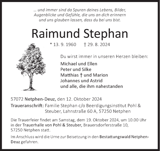 Traueranzeige von Raimund Stephan von Siegener Zeitung
