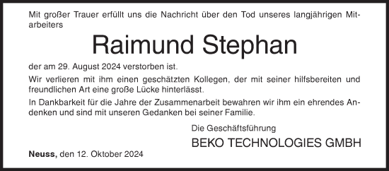 Traueranzeige von Raimund Stephan von Siegener Zeitung
