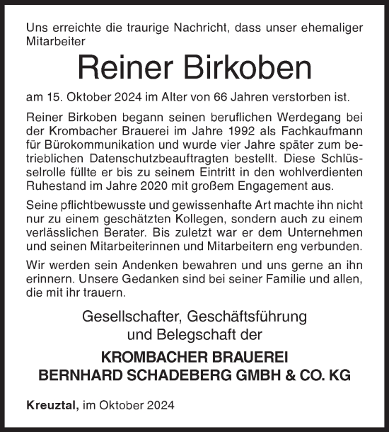 Traueranzeige von Reiner Birkoben von Siegener Zeitung