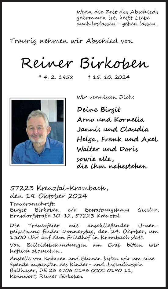 Traueranzeige von Reiner Birkoben von Siegener Zeitung