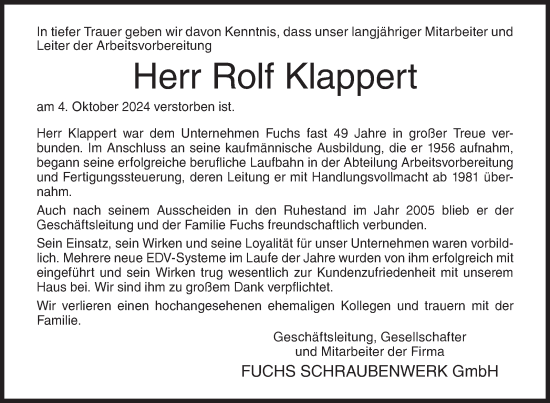 Traueranzeige von Rolf Klappert von Siegener Zeitung