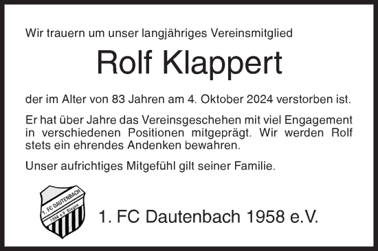 Traueranzeige von Rolf Klappert von Siegener Zeitung