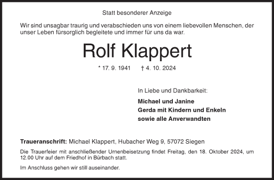 Traueranzeige von Rolf Klappert von Siegener Zeitung