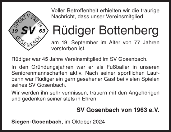 Traueranzeige von Rüdiger Bottenberg von Siegener Zeitung