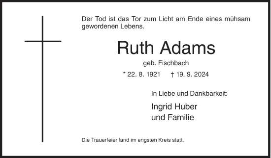 Traueranzeige von Ruth Adams von Siegener Zeitung