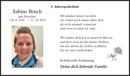 Traueranzeige von Sabine Bruch von Siegener Zeitung