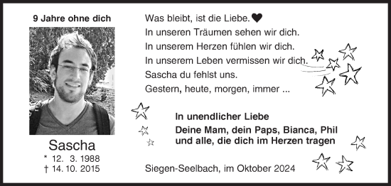 Traueranzeige von Sascha  von Siegener Zeitung