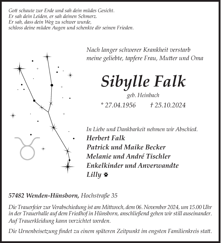  Traueranzeige für Sibylle Falk vom 31.10.2024 aus Siegener Zeitung