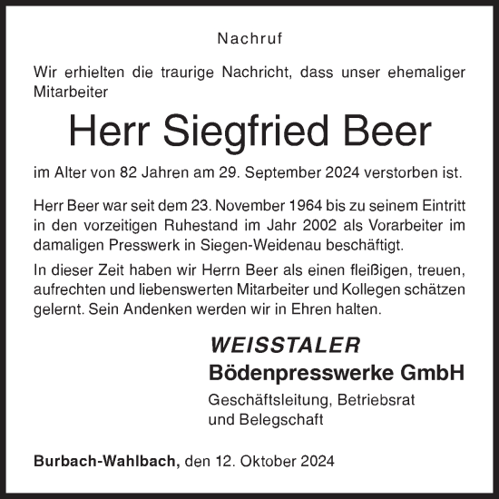 Traueranzeige von Siegfried Beer von Siegener Zeitung