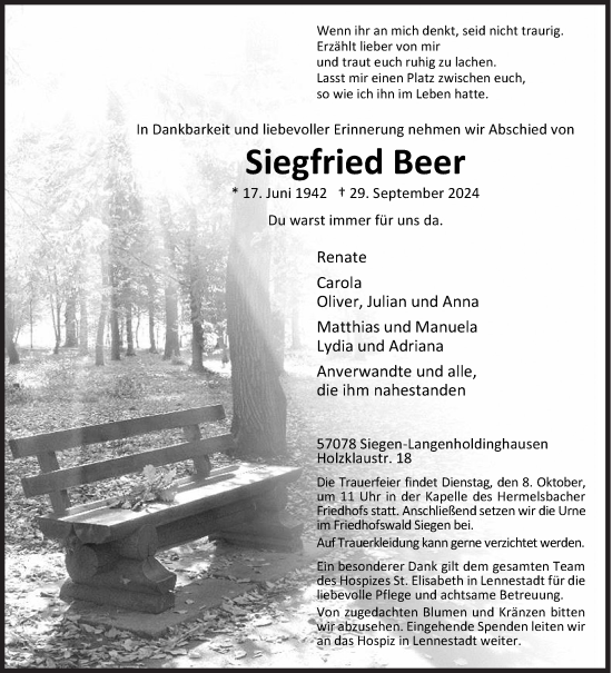 Traueranzeige von Siegfried Beer von Siegener Zeitung