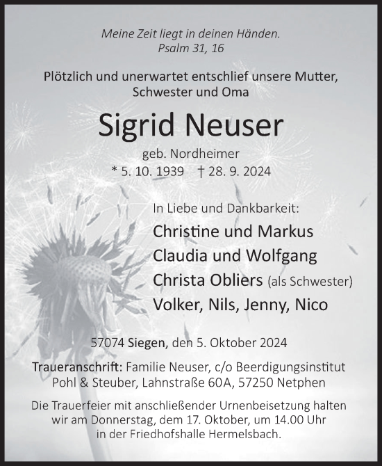 Traueranzeige von Sigrid Neuser von Siegener Zeitung