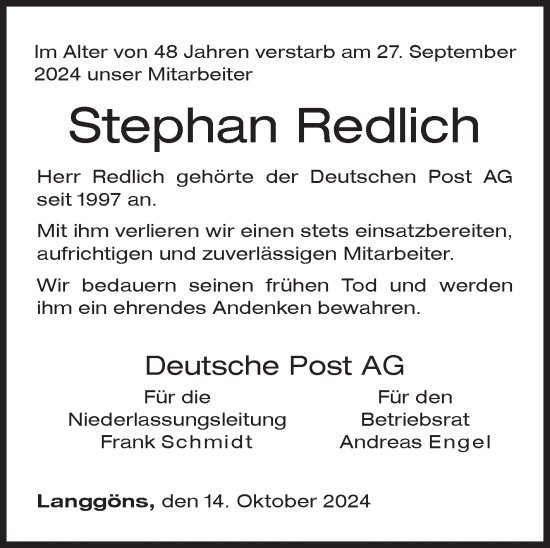 Traueranzeige von Stephan Redlich von Siegener Zeitung