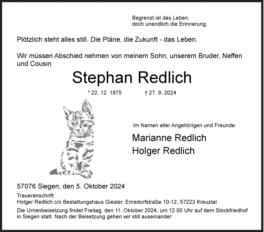  Traueranzeige für Stephan Redlich vom 05.10.2024 aus Siegener Zeitung
