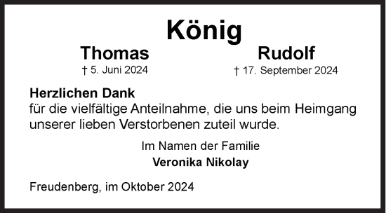 Traueranzeige von Thomas König von Siegener Zeitung