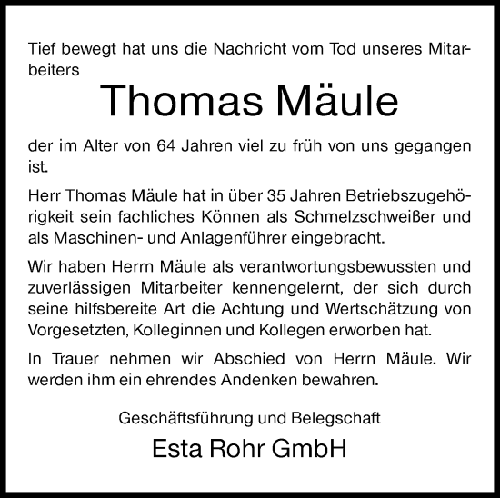 Traueranzeige von Thomas Mäule von Siegener Zeitung