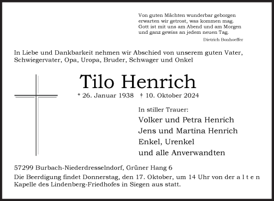 Traueranzeige von Tilo Henrich von Siegener Zeitung