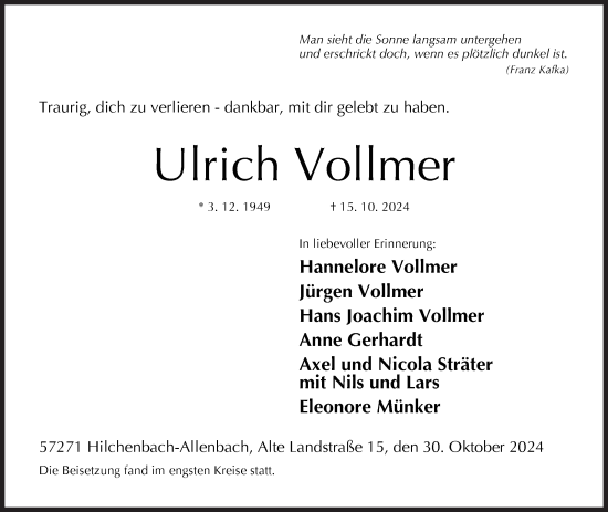 Traueranzeige von Ulrich Vollmer von Siegener Zeitung