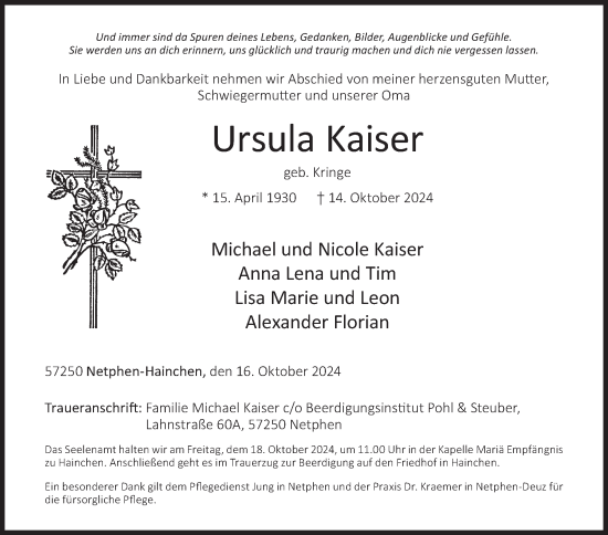 Traueranzeige von Ursula Kaiser von Siegener Zeitung