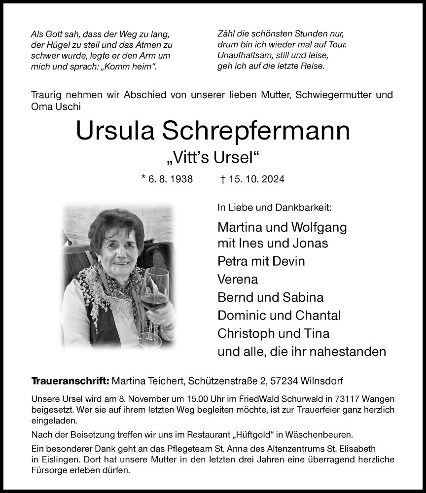  Traueranzeige für Ursula Schrepfermann vom 26.10.2024 aus Siegener Zeitung