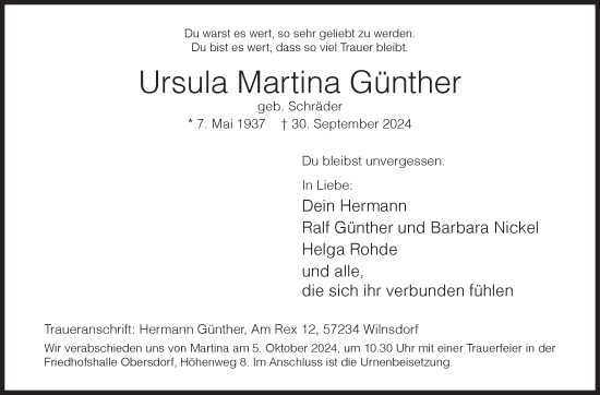 Traueranzeige von Ursula Martina Günther von Siegener Zeitung