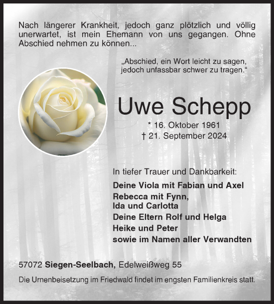 Traueranzeige von Uwe Schepp von Siegener Zeitung