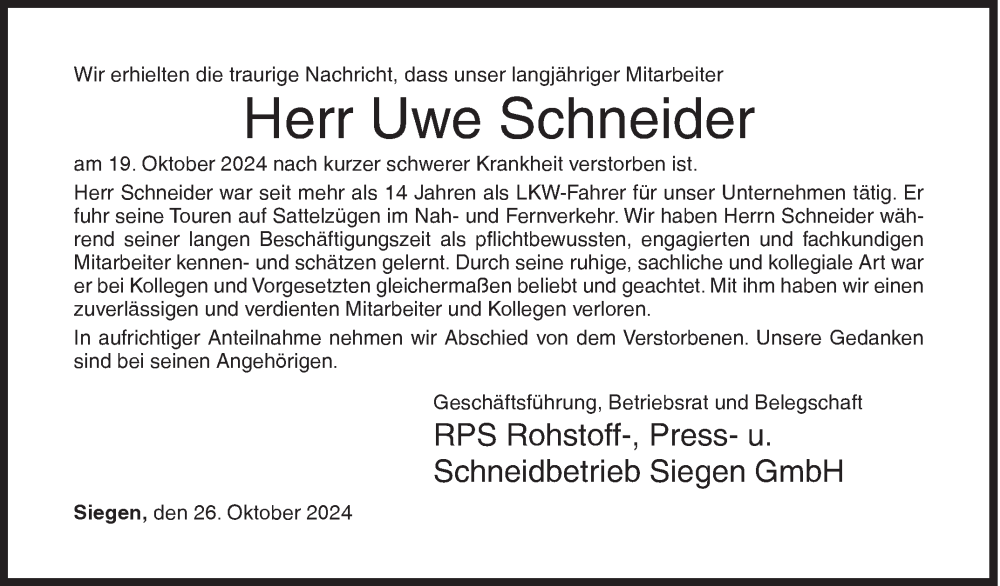  Traueranzeige für Uwe Schneider vom 26.10.2024 aus Siegener Zeitung