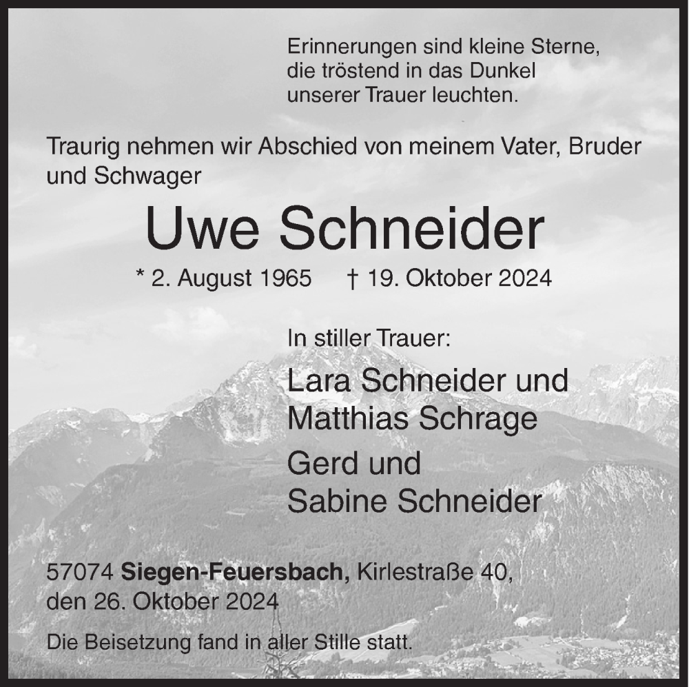  Traueranzeige für Uwe Schneider vom 26.10.2024 aus Siegener Zeitung