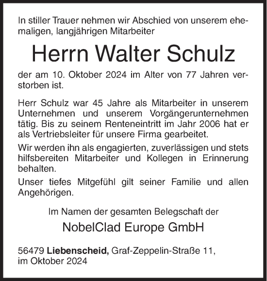 Traueranzeige von Walter Schulz von Siegener Zeitung