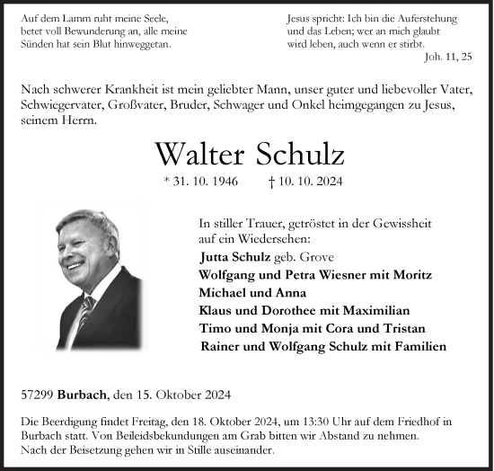 Traueranzeige von Walter Schulz von Siegener Zeitung