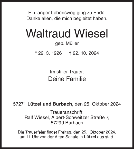 Traueranzeige von Waltraud Wiesel von Siegener Zeitung