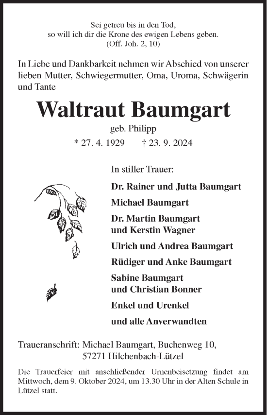 Traueranzeige von Waltraut Baumgart von Siegener Zeitung