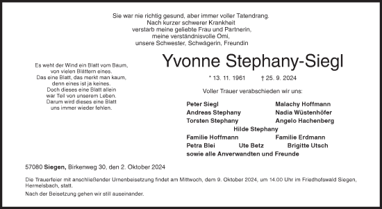 Traueranzeige von Yvonne Stephany-Siegl von Siegener Zeitung