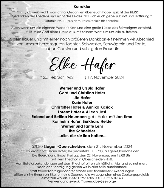 Traueranzeige von Elke Hafer von Siegener Zeitung