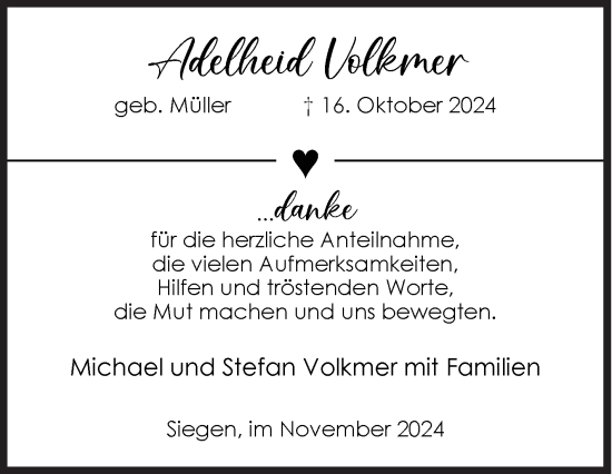 Traueranzeige von Adelheid Volkmer von Siegener Zeitung