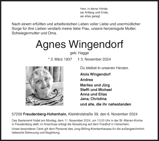 Traueranzeige von Agnes Wingendorf von Siegener Zeitung