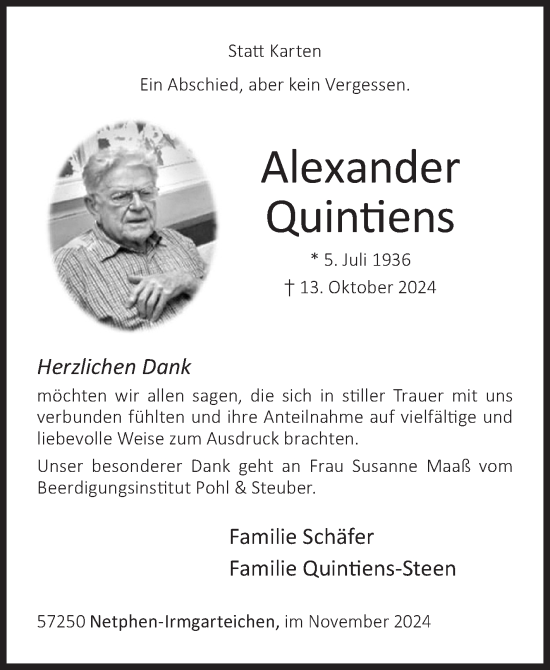 Traueranzeige von Alexander Quintiens von Siegener Zeitung