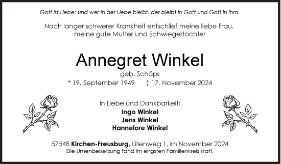 Traueranzeige von Annegret Winkel von Siegener Zeitung