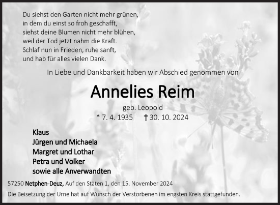 Traueranzeige von Annelies Reim von Siegener Zeitung
