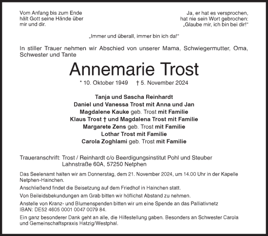 Traueranzeige von Annemarie Trost von Siegener Zeitung