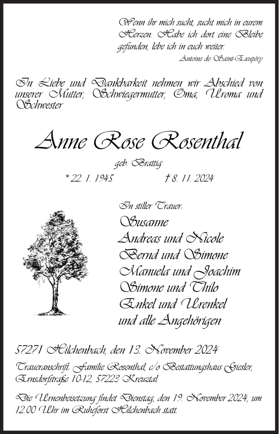 Traueranzeige von Anne Rose Rosenthal von Siegener Zeitung