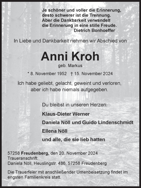 Traueranzeige von Anni Kroh von Siegener Zeitung