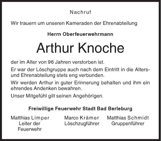 Traueranzeige von Arthur Knoche von Siegener Zeitung